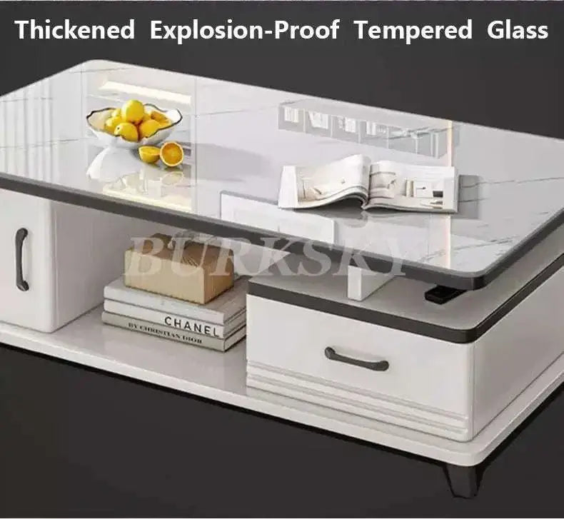 Stylish coffee table TV cabinet combination featuring thickened explosion-proof tempered glass design.