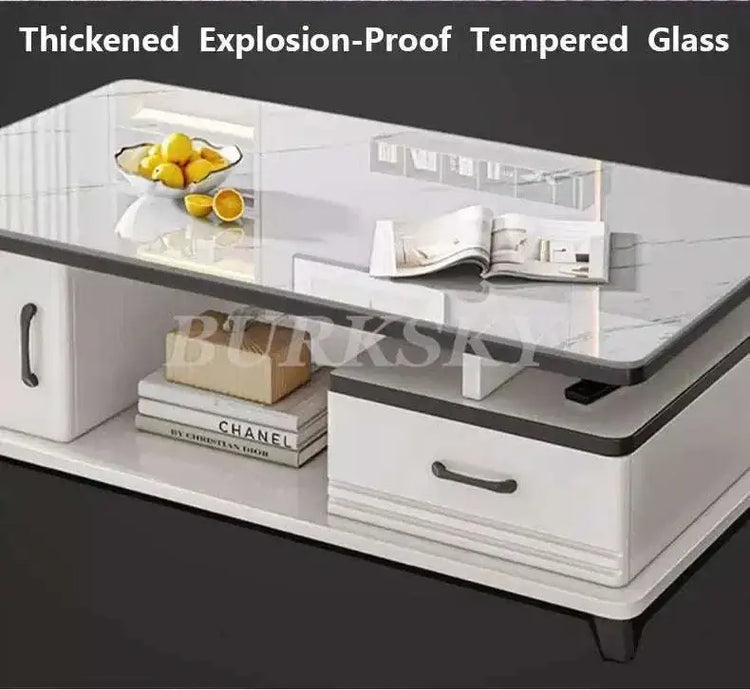 Stylish coffee table TV cabinet combination featuring thickened explosion-proof tempered glass design.