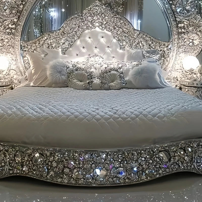 Luxurious bed with crystal embellishments and white bedding