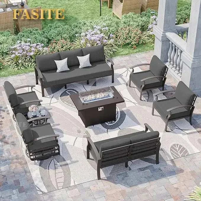 Outdoor patio furniture set with fire pit table on a stone patio, featuring the brand 'FASITE'.