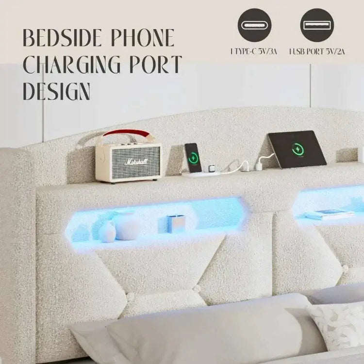 Boucle bed frame with storage and LED lighting featuring bedside phone charging ports design.