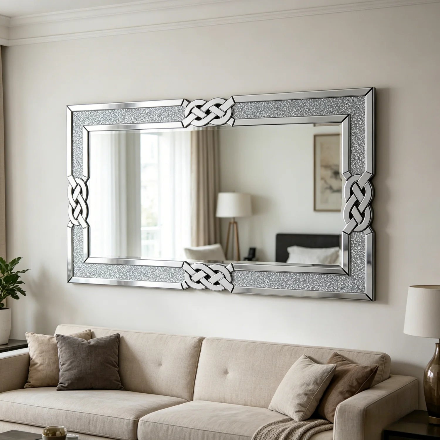 120CM Rectangle Crystal Crush Diamond Silver Mirror for Wall Decoration Crystal Diamonds Inlay Edge Living Room Above Fireplace - view 3