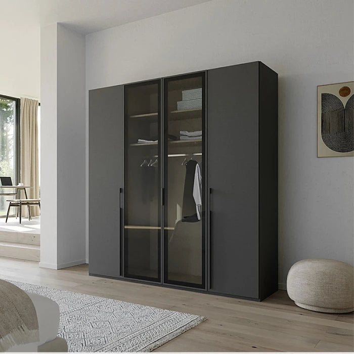 Custom walk-in wardrobe system featuring a sleek black glass-door design and wooden shelves.