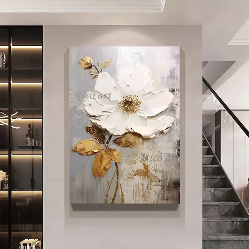Abstract floral painting on a wall in a modern interior setting