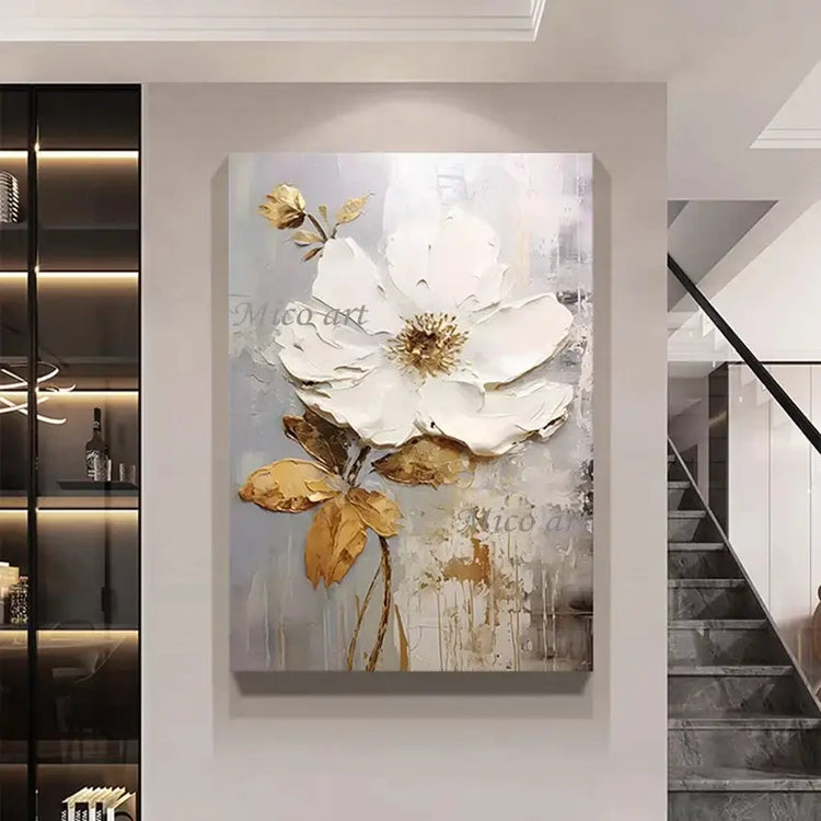Abstract floral painting on a wall in a modern interior setting