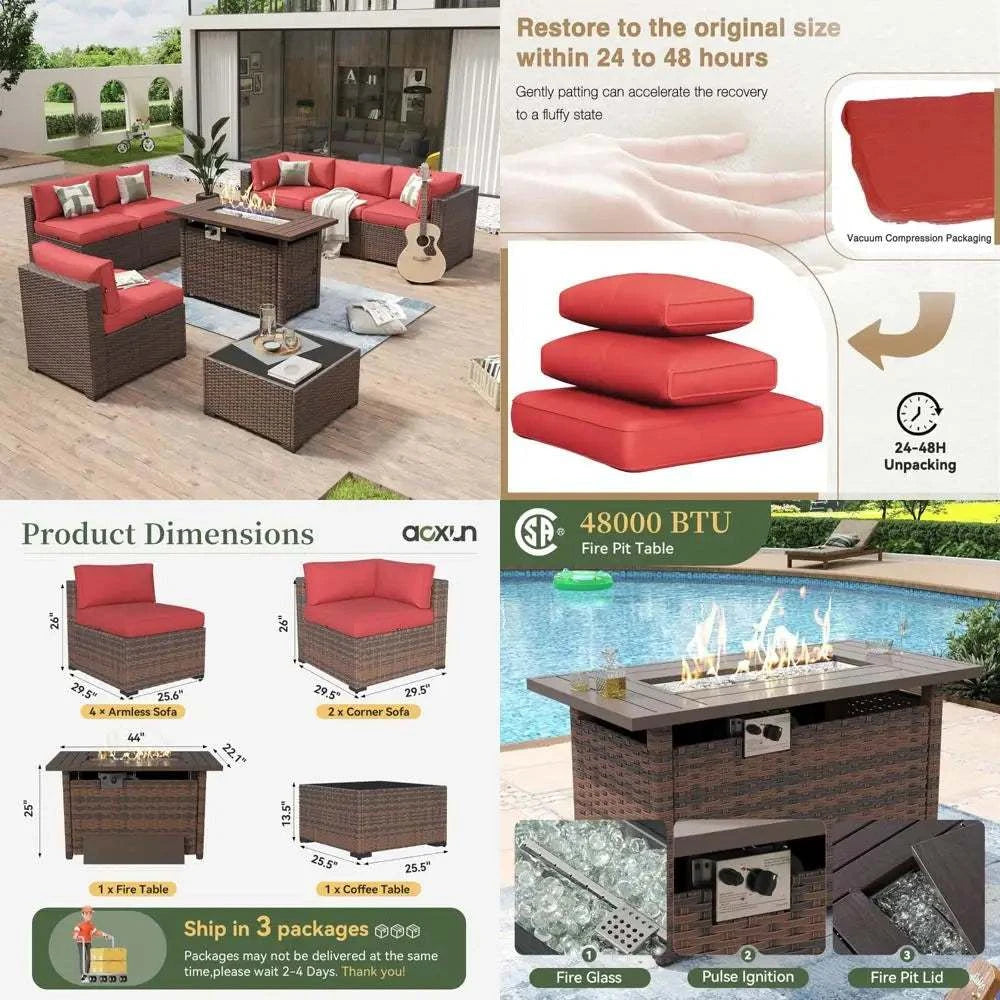 8pc Outdoor Patio Sectional Set - Wicker Fire Pit Set