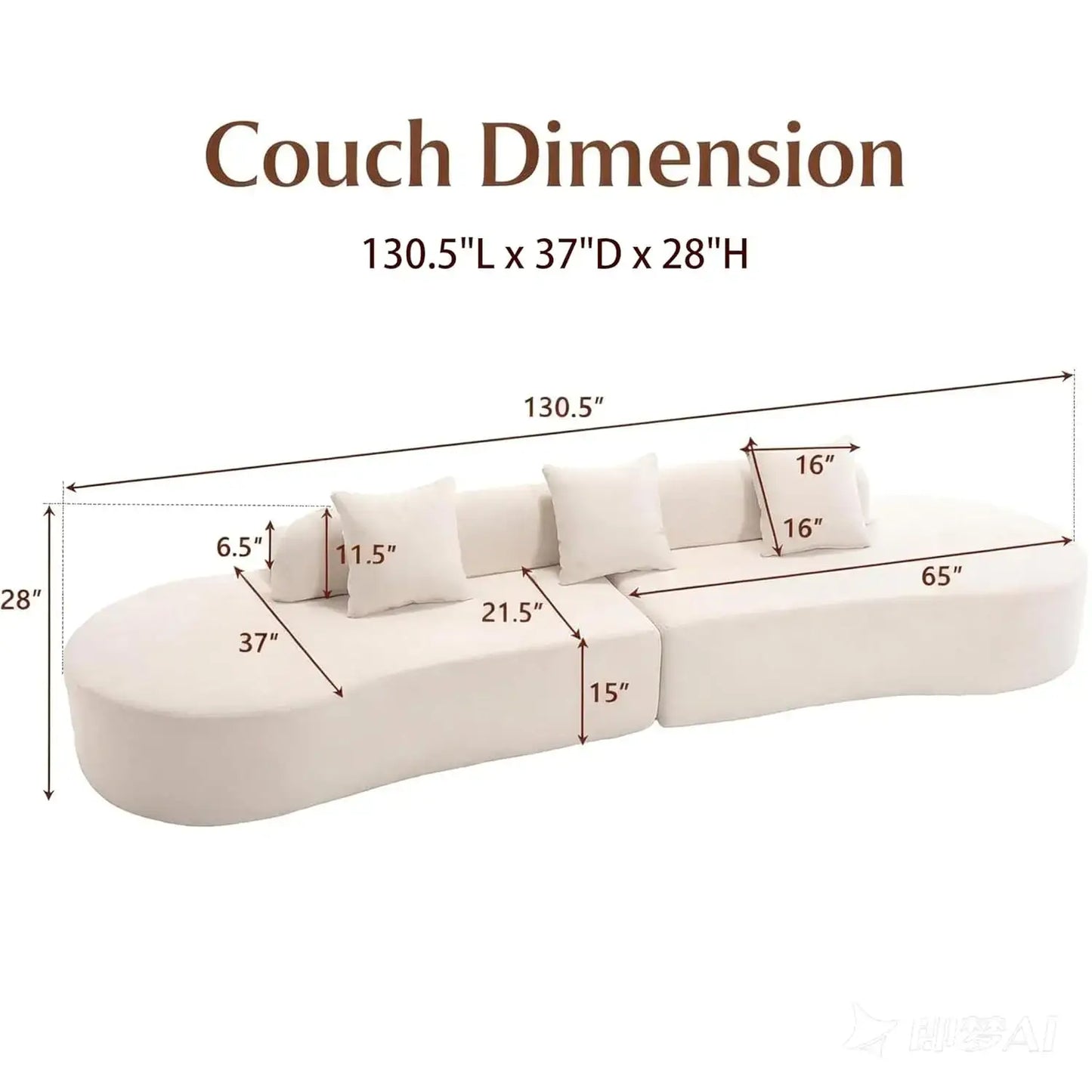 Couch dimension for the 130-inch curved cloud sectional sofa, showcasing length, depth, and height specifications.