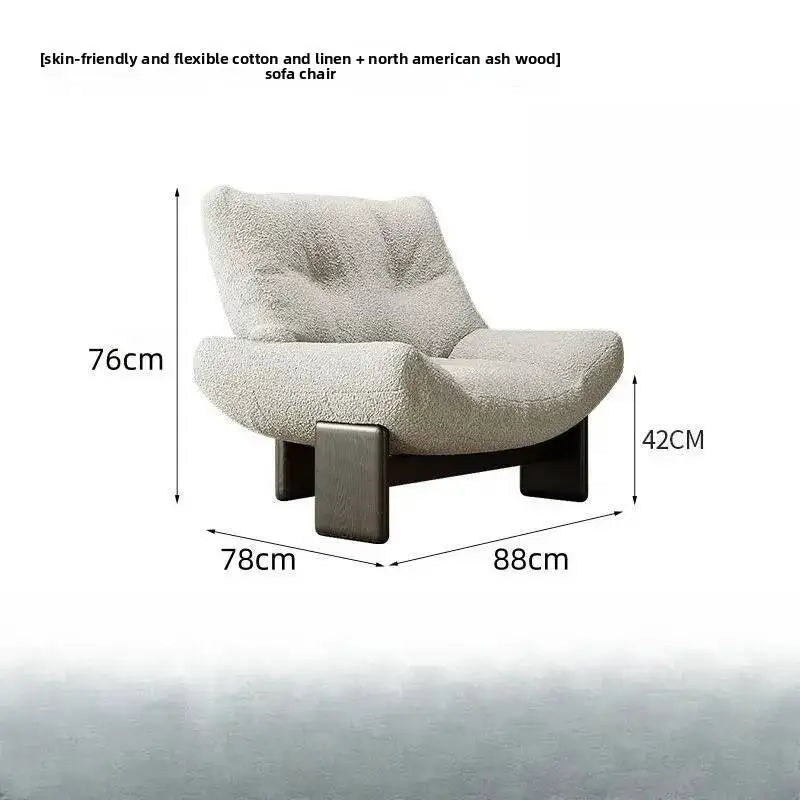 Dimensions of a sofa chair with text indicating material and dimensions on a white background