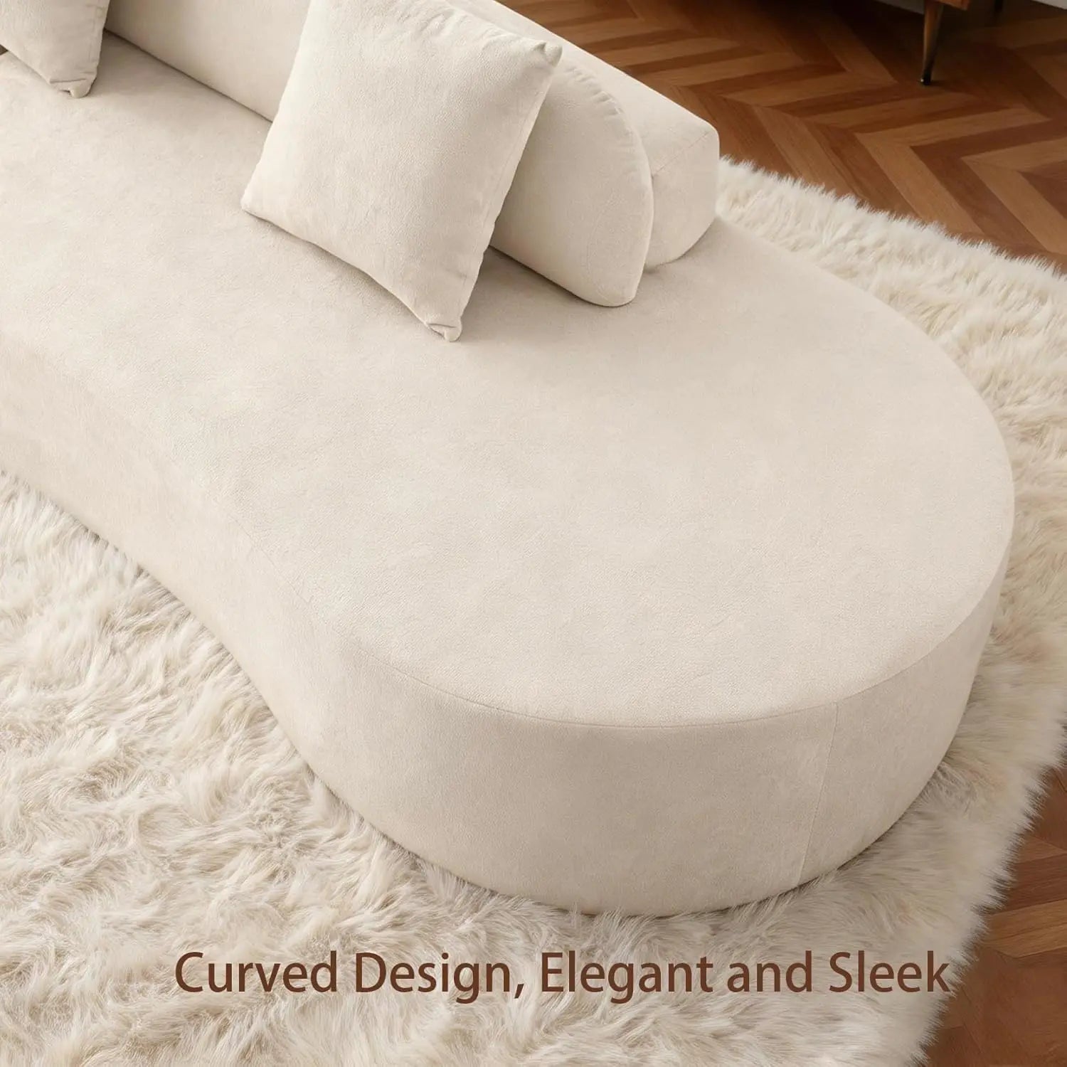 Beige curved sofa on a fluffy rug with text 'Curved Design, Elegant and Sleek'.