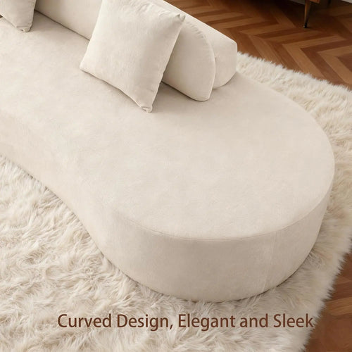 Beige curved sofa on a fluffy rug with text 'Curved Design, Elegant and Sleek'.