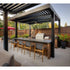 Stainless steel outdoor kitchen cabinet with seating in modern patio setting, perfect for outdoor grilling.