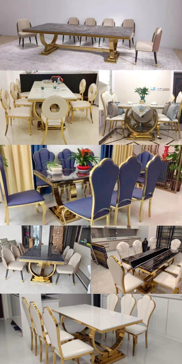 Collage of various dining tables and chairs in different settings