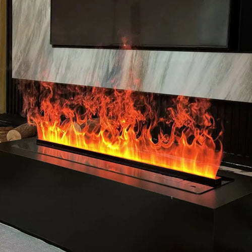 Smart electric fireplace with remote control featuring a vibrant 3D steam flame effect.