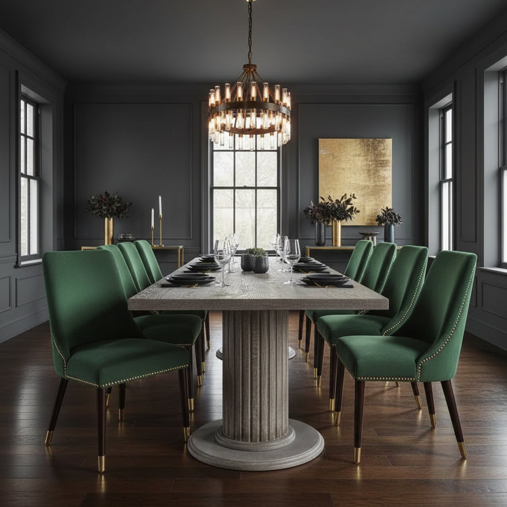 Gabrian 7-piece dining room set featuring reclaimed gray table and green upholstered chairs in stylish interior.