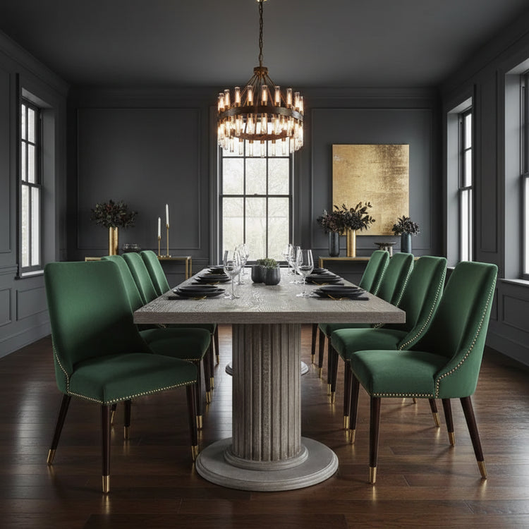Wooden table with a textured surface  in a dining room with green chairs and a chandelier 