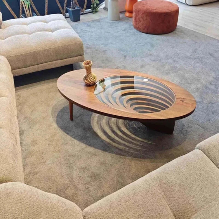 Wooden coffee table with a unique design in a living room setting