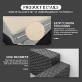 Product details of a cushioned surface with high backrest on a dark background