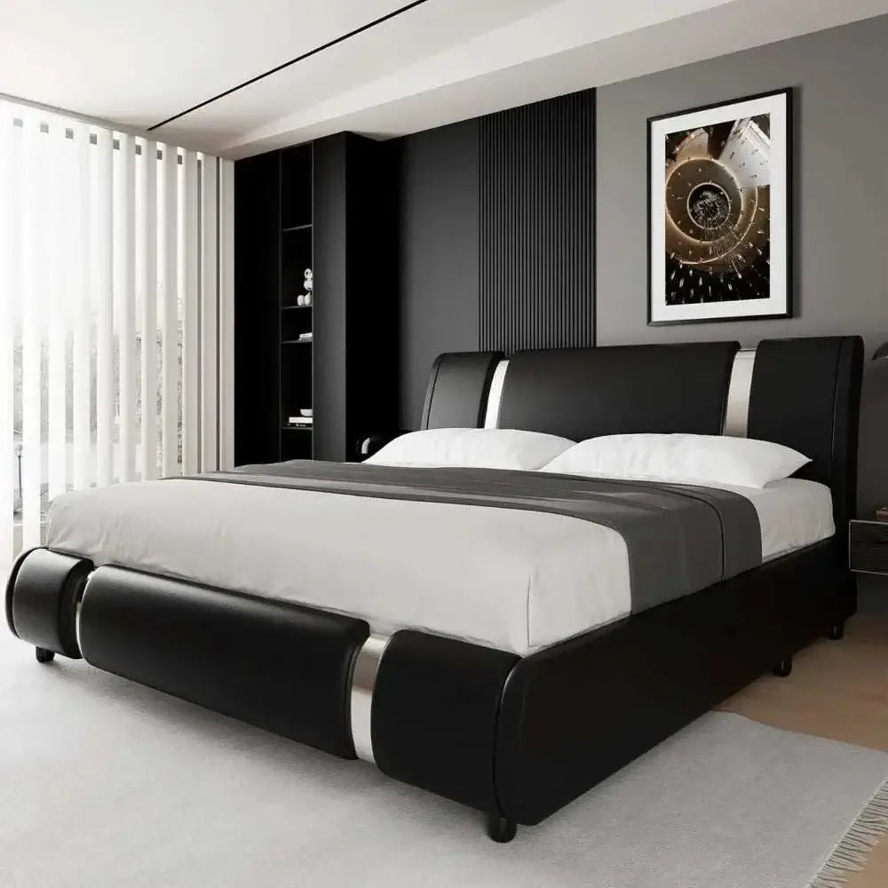 Modern faux leather platform bed frame with curved headboard in a stylish bedroom setting.