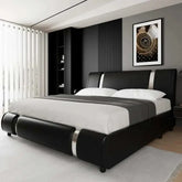 Modern faux leather platform bed frame with curved headboard in a stylish bedroom setting.