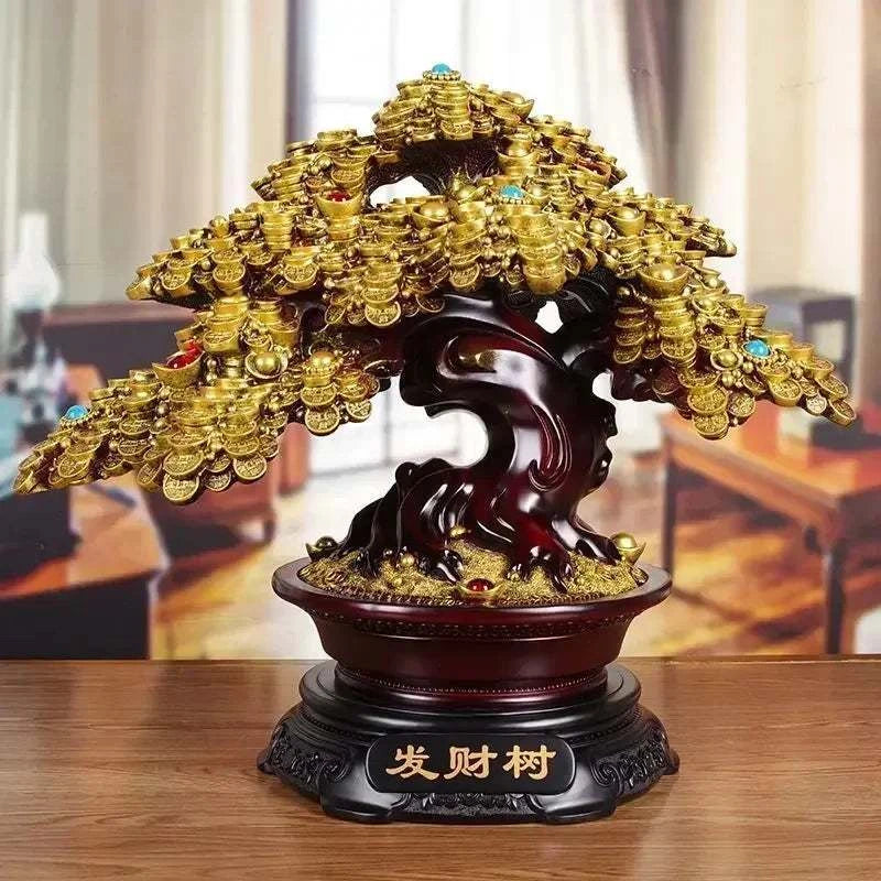 Feng Shui Lucky Fortune Tree Ornament with golden coin leaves and dark wooden trunk for prosperity and good luck decoration