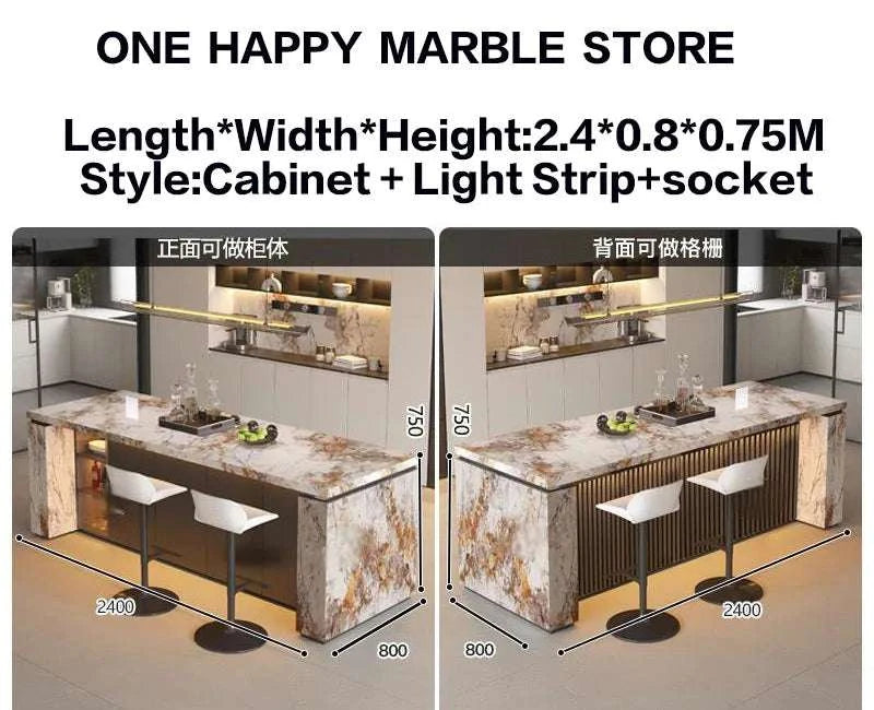 Marble countertop with cabinet, light strip, and socket dimensions displayed.