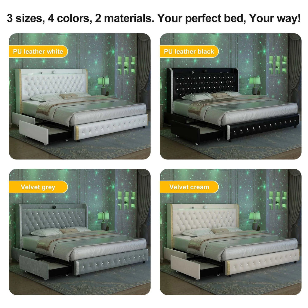 Four images of a bed with different color options and text indicating size, color, and material choices.