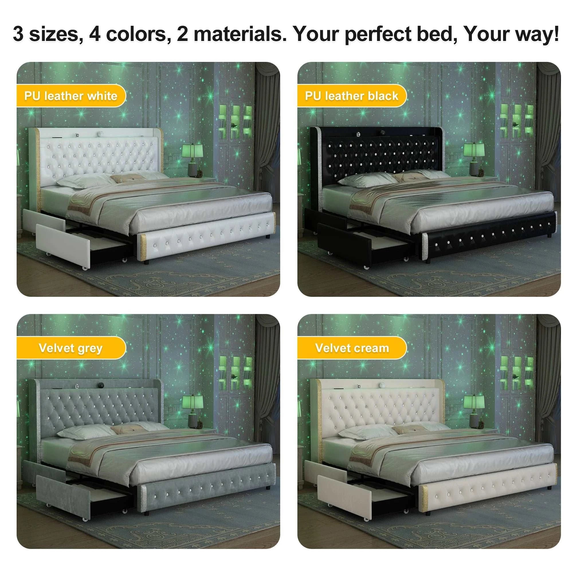 Four images of a bed with different color options and text indicating size, color, and material choices.