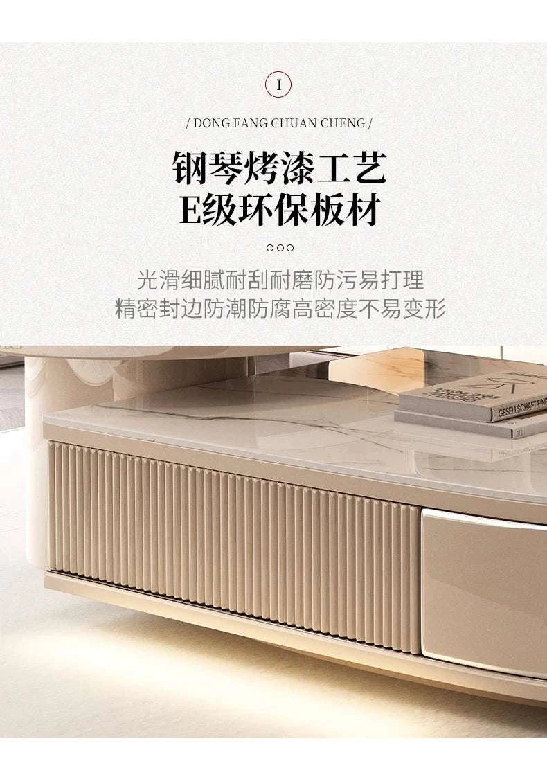 Modern coffee table with marble top and wooden legs on a light background