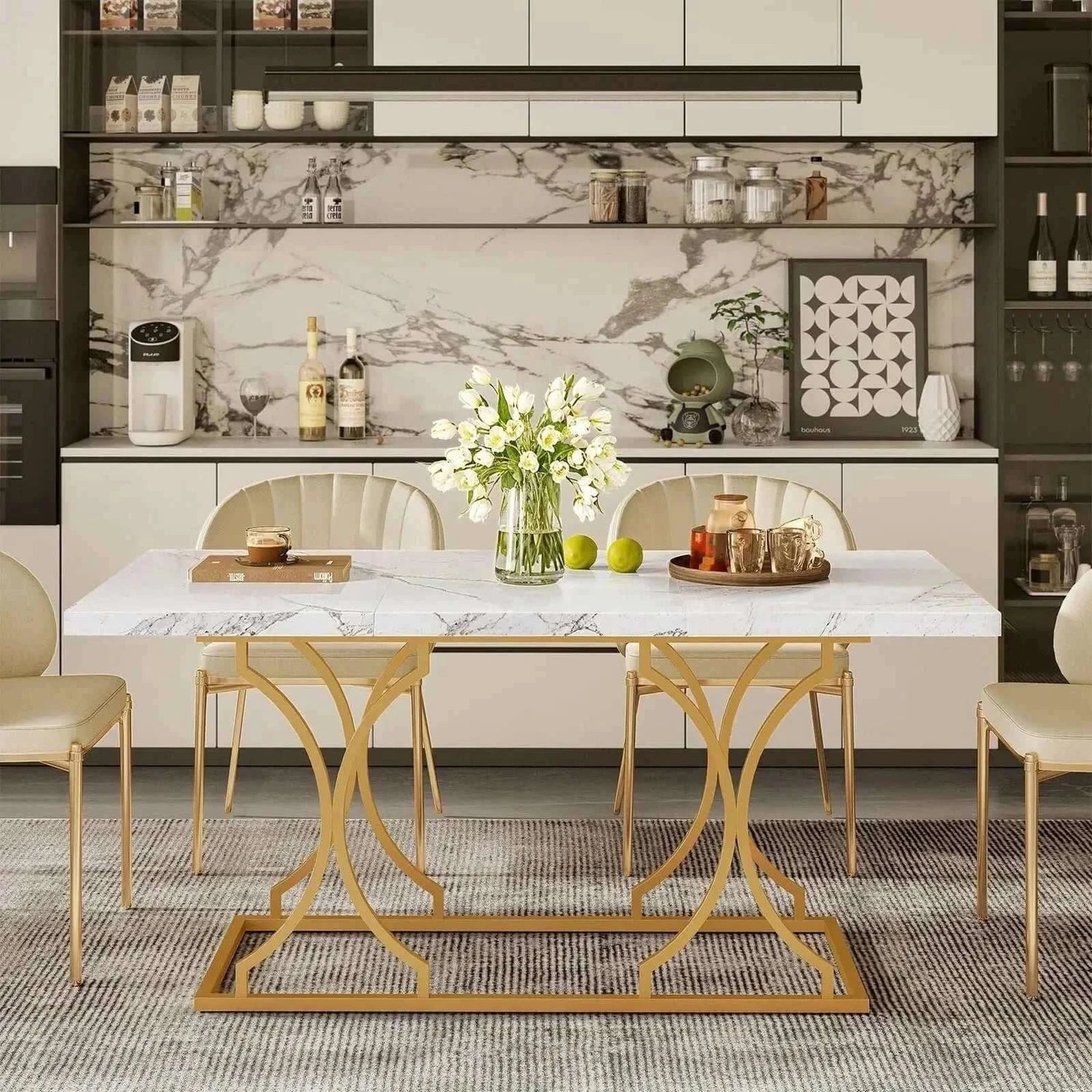 Round dining table with wooden marble pattern top and gold base in modern kitchen setting