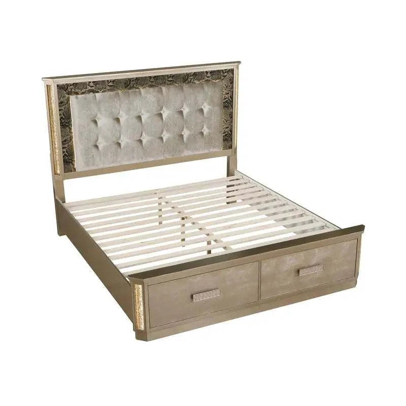 Decorative bed with tufted headboard and storage drawers on a white background