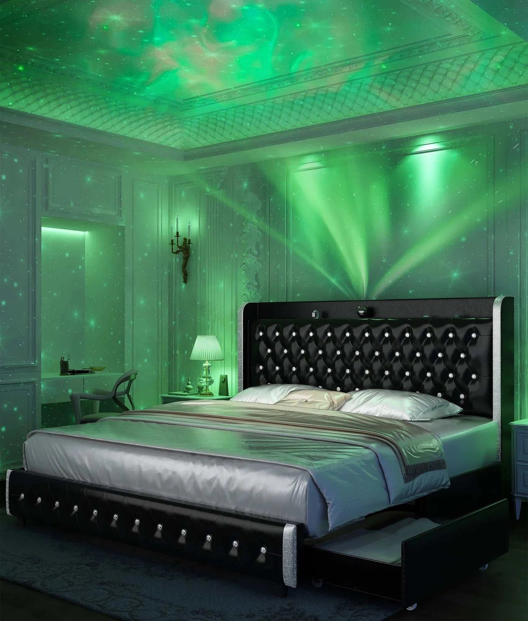  "Queen bed frame with galaxy projector displaying stars on ceiling and LED lights"