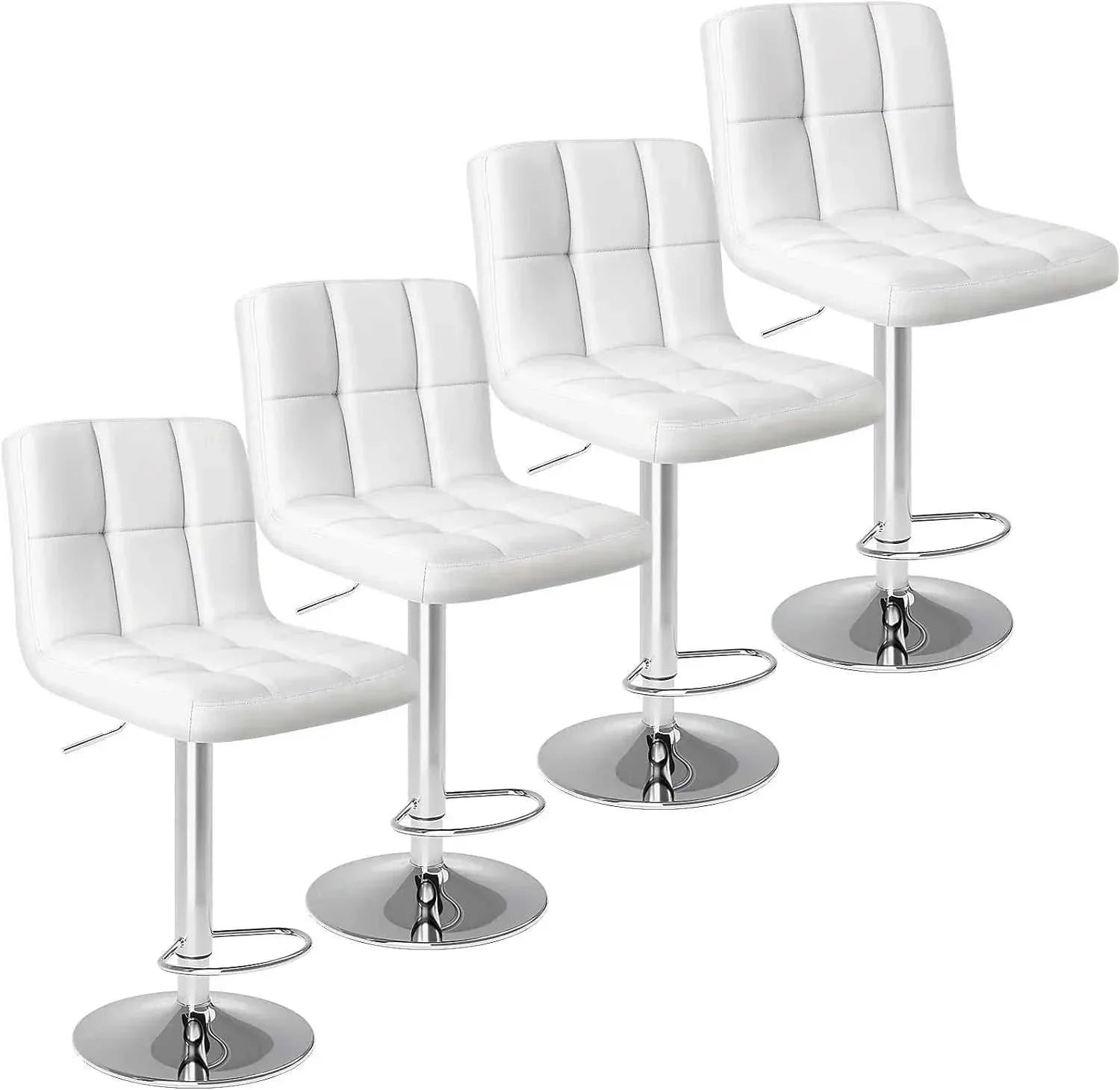 Set of four white adjustable swivel bar stools with padded seats and chrome bases