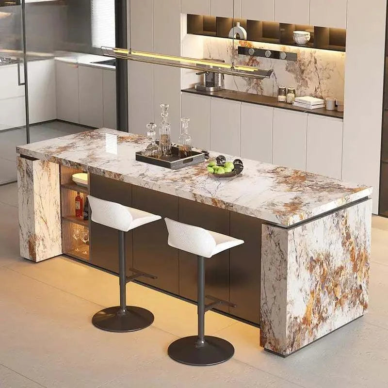 Luxury marble kitchen island dining table with modern bar countertop and polished stone surface