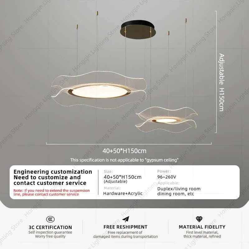 Round modern LED ceiling chandelier with adjustable height and sleek acrylic design for living and dining rooms