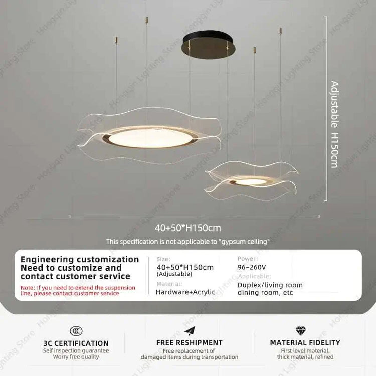 Round modern LED ceiling chandelier with adjustable height and sleek acrylic design for living and dining rooms