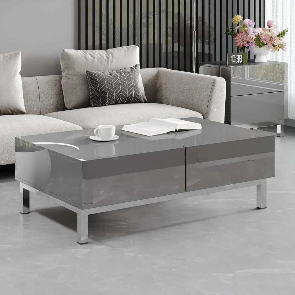 Modern minimalist rectangular gray coffee table with two storage drawers in living room setting