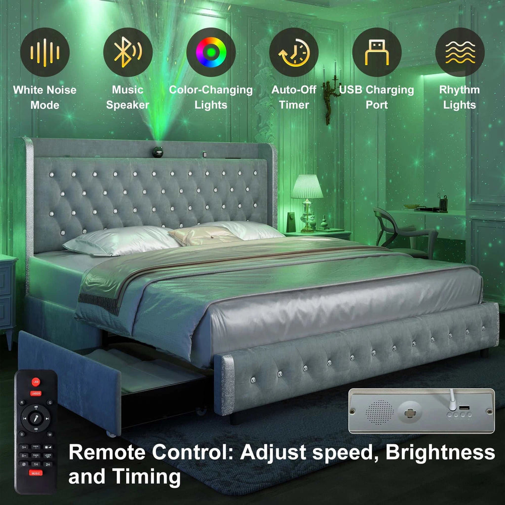 Gray bed with multiple features highlighted, including remote control, in a room with green lighting.