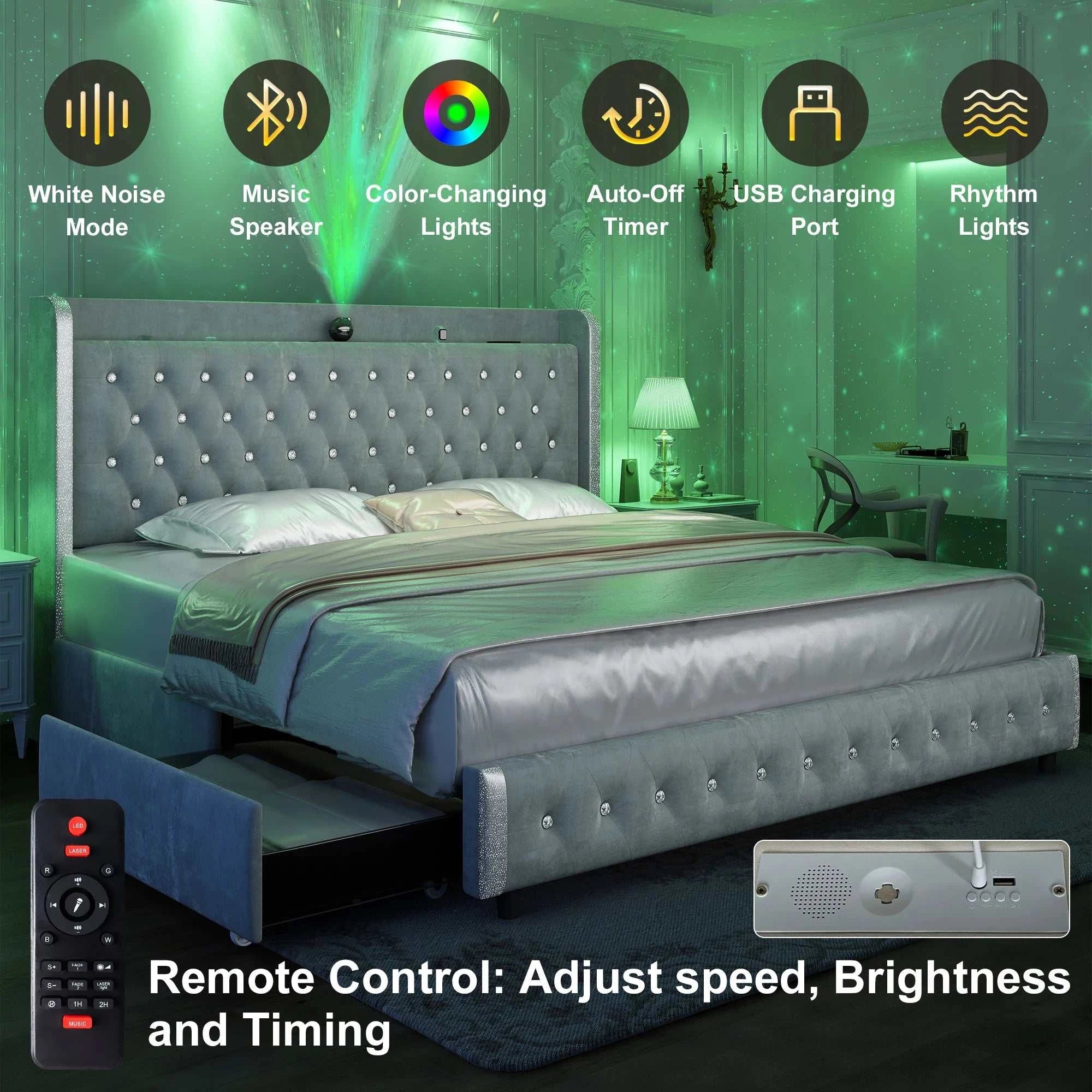 Gray bed with multiple features highlighted, including remote control, in a room with green lighting.