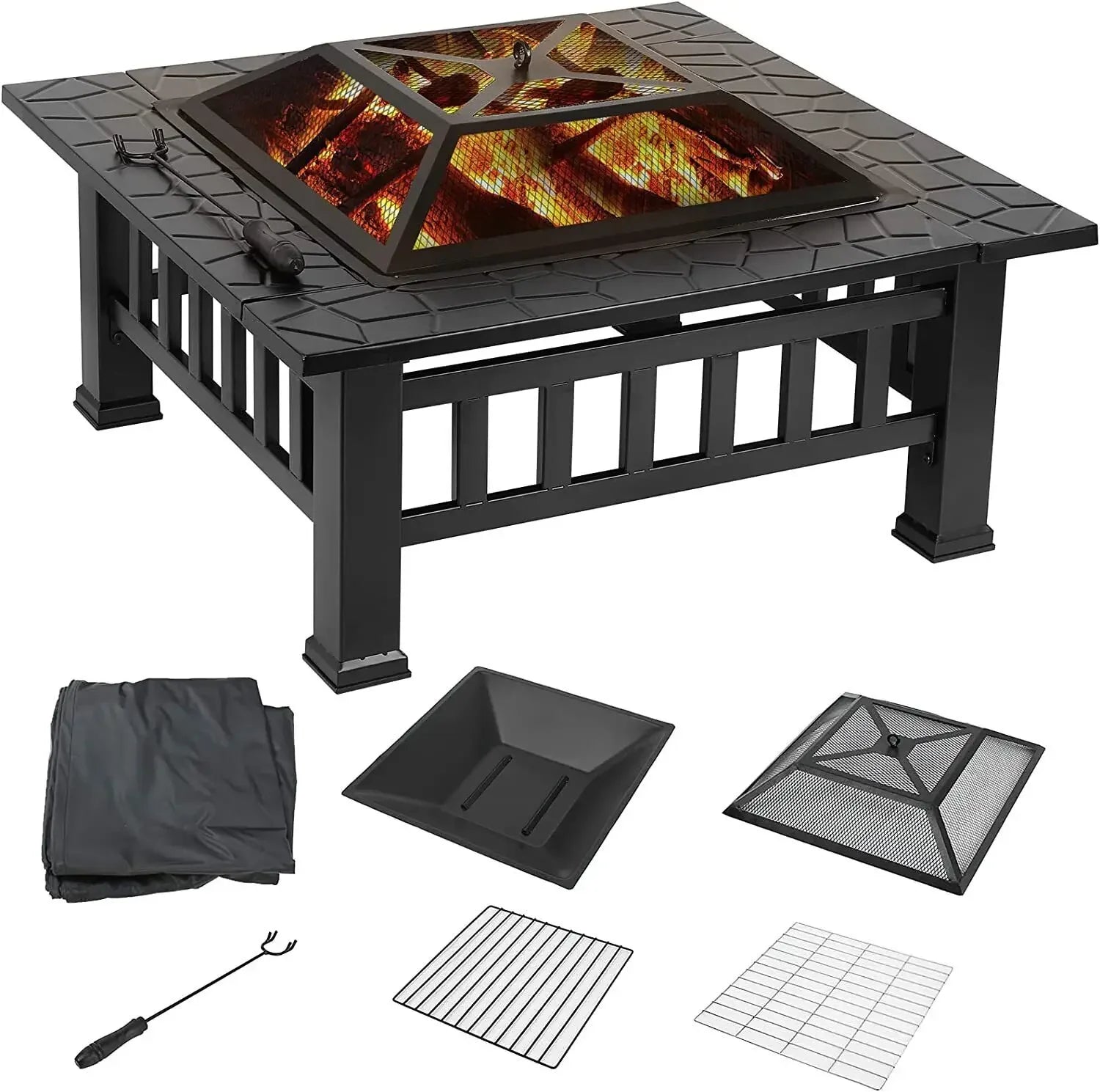 32" Fire Pit Table for Outside,Outdoor Fire Pit Square Wood Burning with Spark Screen Fire Poker for Camping,Backyard,Patio - view 14