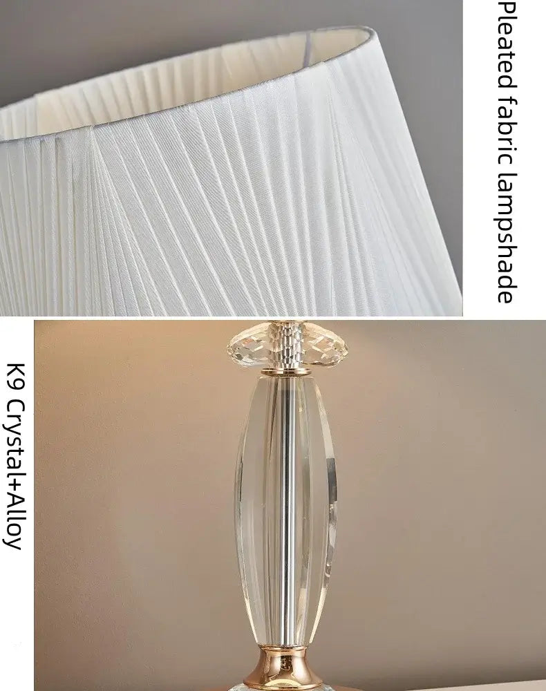 High-end crystal table lamp with fabric shade showcasing pleated lampshade and crystal base design.