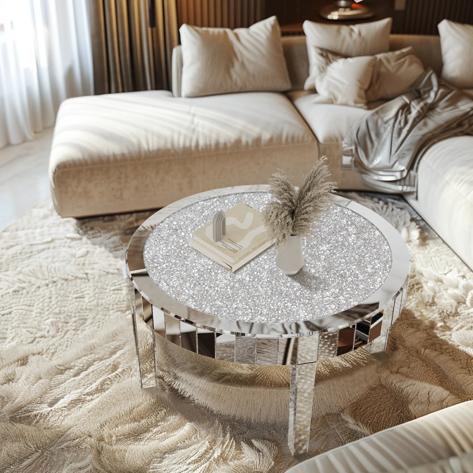 Mirrored Coffee Table with Crystal Inlay, 31.5'' Mirror Surface, Silver Accent