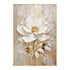 Abstract painting of a white flower with gold accents on a gray background