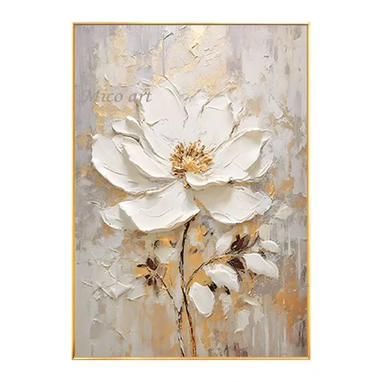 Abstract painting of a white flower with gold accents on a gray background