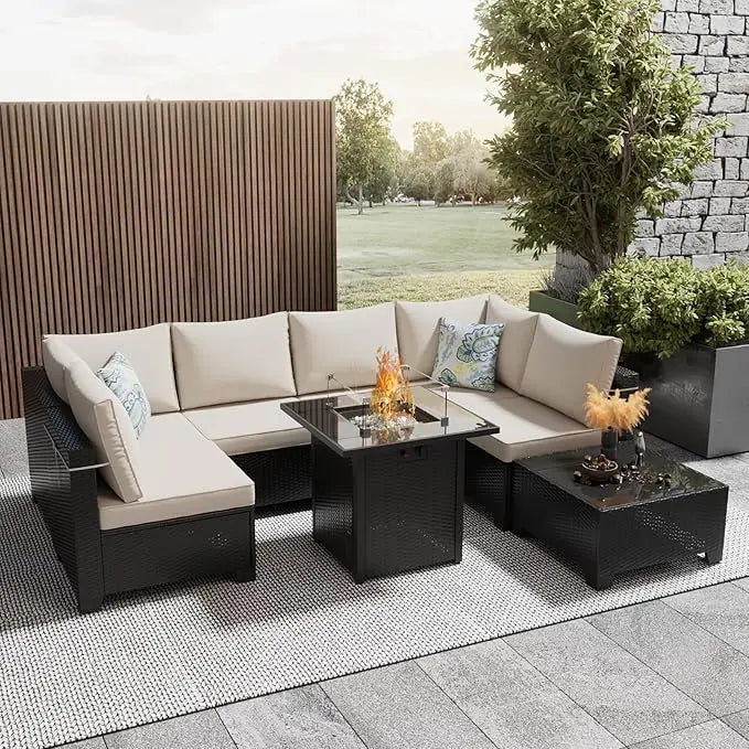 8 Pcs Patio Furniture Set with Fire Pit Table