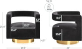 Black dumbbells with gold bases and measurements on a white background