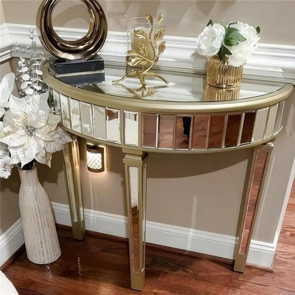 LUVODI Half-Round Mirrored Glass Curved Entryway & Living Room Accent Desk