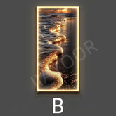 Modern gold sea wave wall lamp illuminating an abstract beach scene with shimmering water and soft waves.