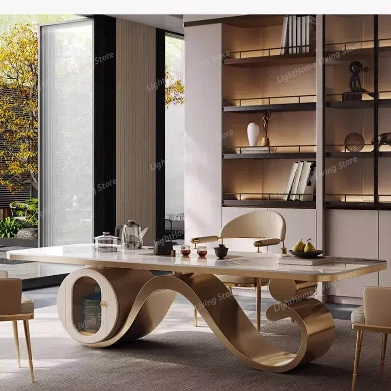 Art-Style Slate Dining Table Set | Stainless Steel Wire-Drawn Frame | 1.8m–2.4m | Table & Chairs in modern dining room