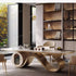 Modern dining room with a unique wavy table and stylish chairs.