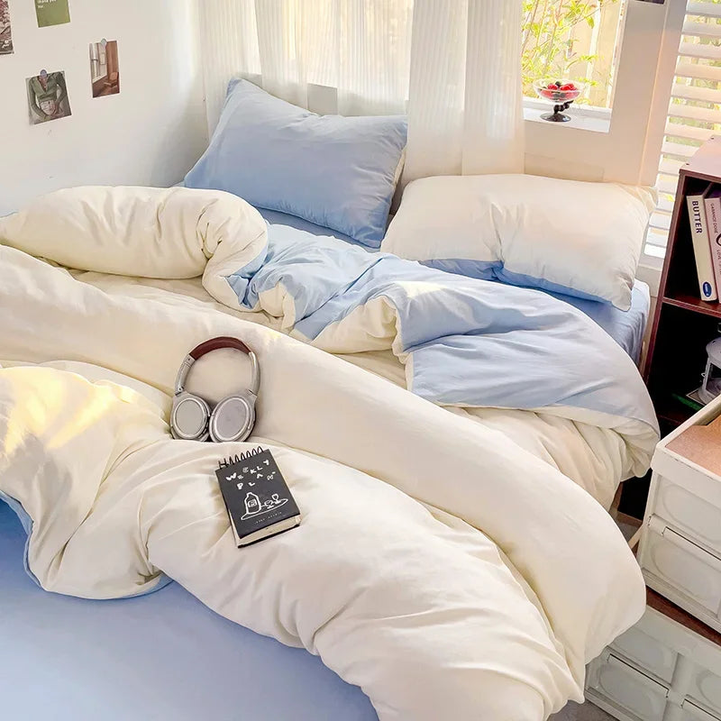 Solid Bed Linen Cotton Bedding Set 4pcs with Sheet Duvet Cover, Pillowcases.